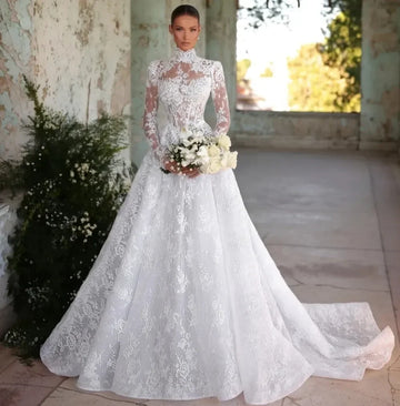 Customization High Collar A-line Lace Wedding Dress Elegant Long Sleeve  Appliques Bride Bridal Gowns Vestido De Novias