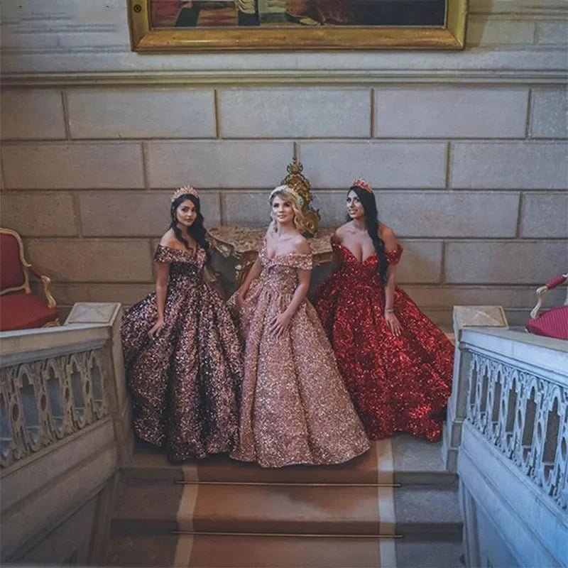Customized Sparkly Burgundy Evening Dress 2026 robe de mariee Off Shoulder Sequins Lace Up Ball Gown Dresses Vestido de novia