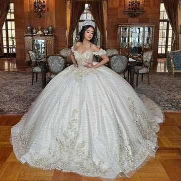 Customized Sweetheart Wedding Dresses Off The Shoulder Shiny Beaded Sequins Lace Princess Ball Gown Vestidos De Novia