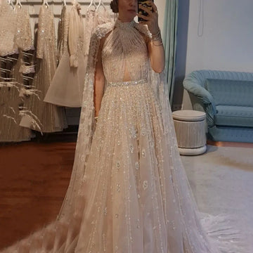 Sharon Said Luxury Dubai Champagne Evening Dresses with Cape Sleeves Elegant Arabic Formal Dress Women Wedding Party Gowns SS495