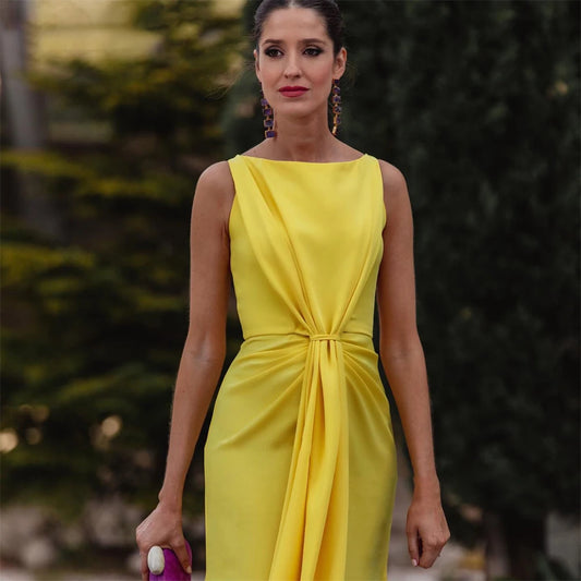 Gold Yellow Formal Evening Dress Boat Neck Arabia Sleeveless Celebrity Gown Side Slit Pleat Flowers Prom Party Dress robe soirée