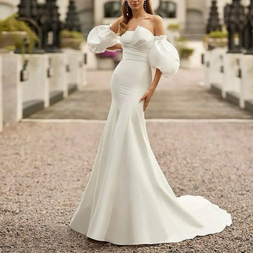 2025 Mermaid Wedding Dresses Women Off Shoulder Puff Sleeve Satin Wedding Gown Buttons Bridal Dress Bride Gown Customized