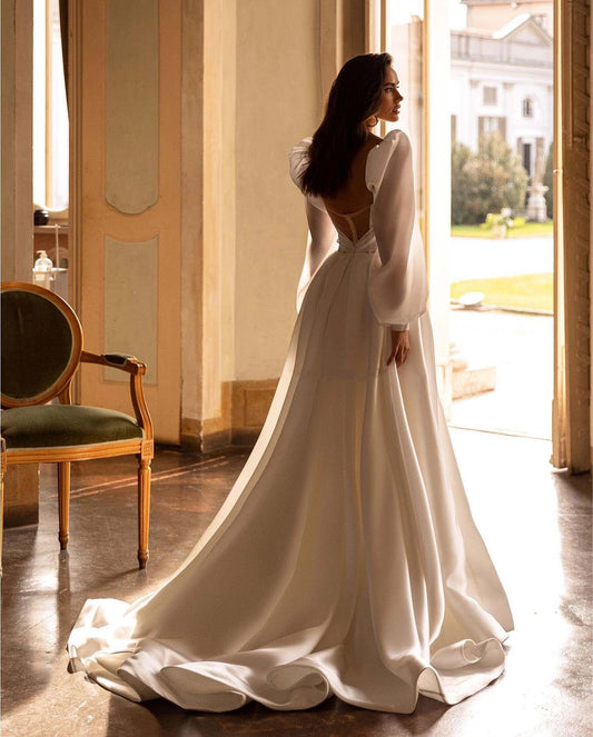 Robes de mariée glamour en satin Sweet-Collar Collier Split Design A-Line Bridal Robes Long Puff Sleevs Vestido de Novia 2024