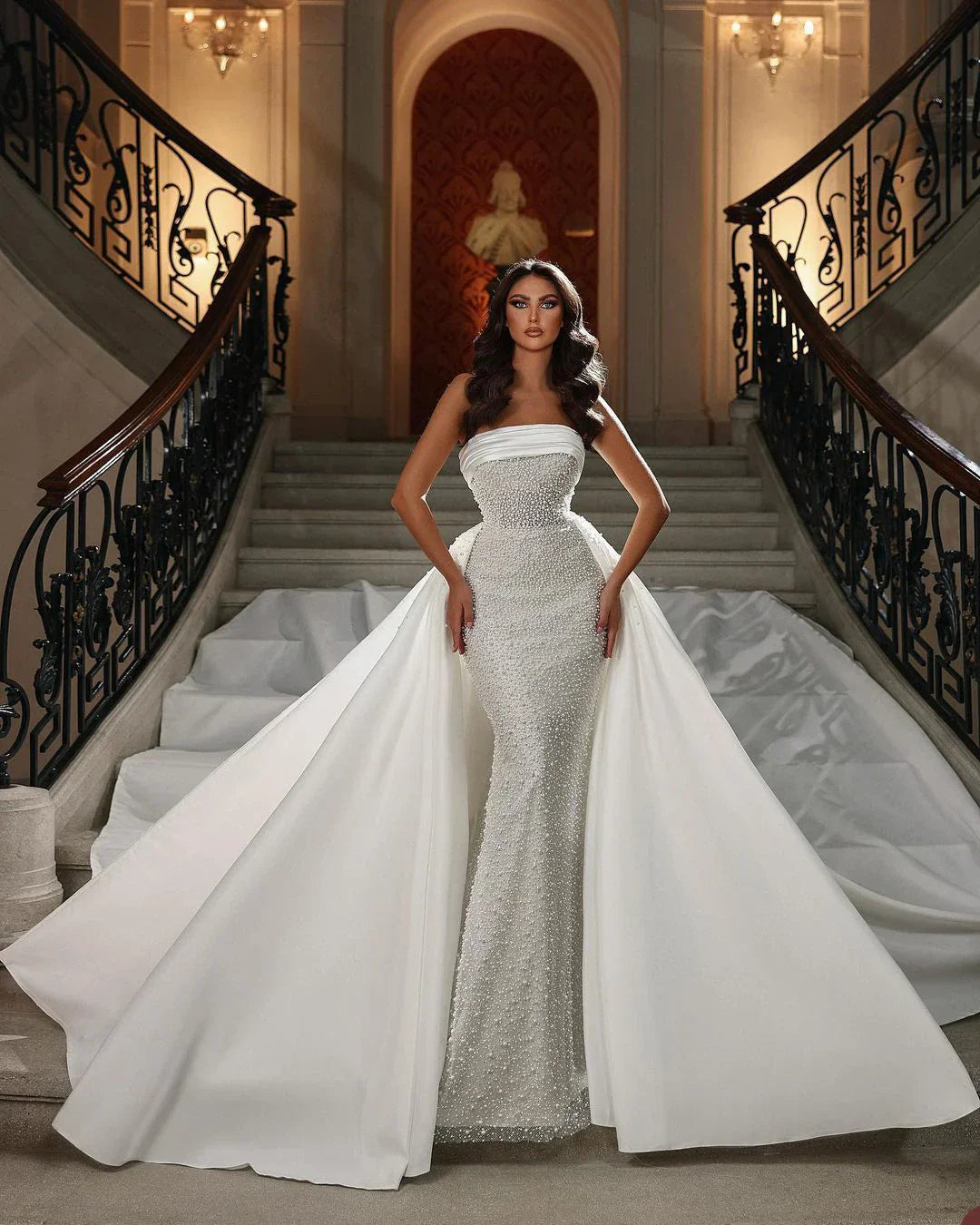 Aso Ebi Mermaid Wedding Dress With Detachable Train Strapless Pearls Bridal Dresses Church Bride Gown vestidos de novia