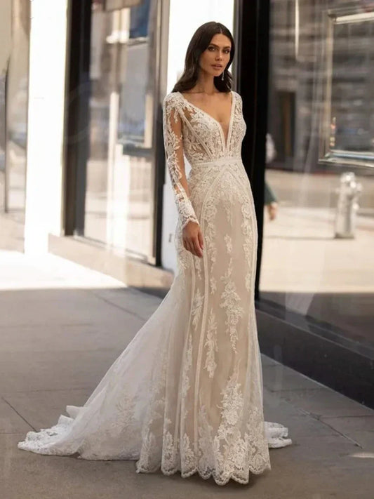 Exquisite Wedding Dresses Deep V-Neck Bridal Gowns Lace Appliques Long Sleeves Floor Length Robes For Brides Vestidos De Novia