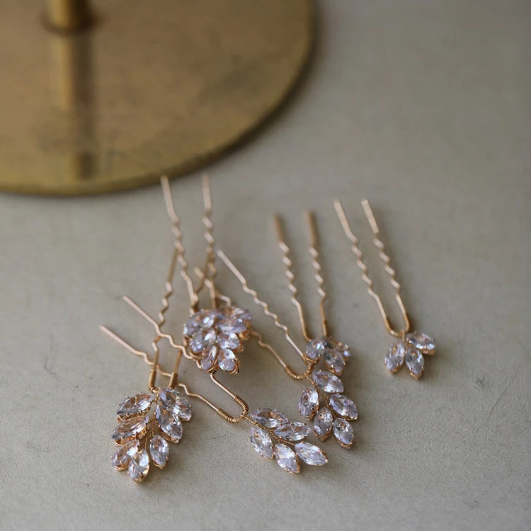 Bridal Jewelry Zircon Crystal Hair Pins Clips Leaf Hairpins For Brides Women Vintage Gold Color Head Pieces Wedding Accessories