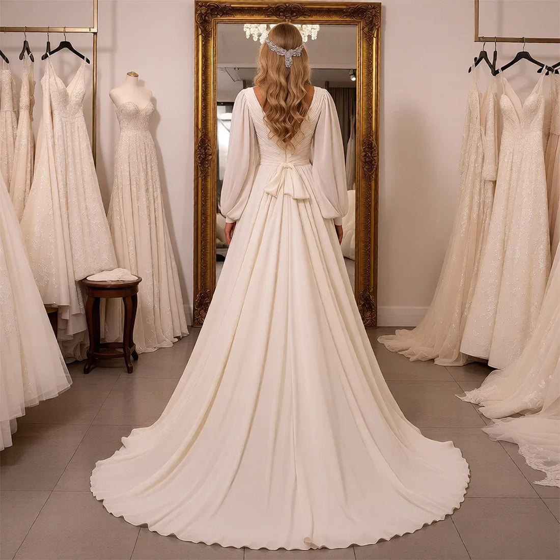 Elegant Chiffon V Neck Wedding Dress For Women Long Sleeve A Line Bridal Gown For Bride Pleated Ball Gown For Party