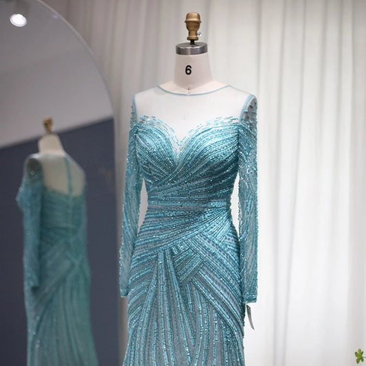 Robes de soirée de sirène bleue de luxe pour femmes mariage élégant blanc manches longues robes de bal formelles ss112