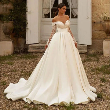 Customzied New  Sweetheart Neck Wedding Dresses Off Shoulder Simple Satin Lace Appliques Bridal Gown Vestidos De Noiva