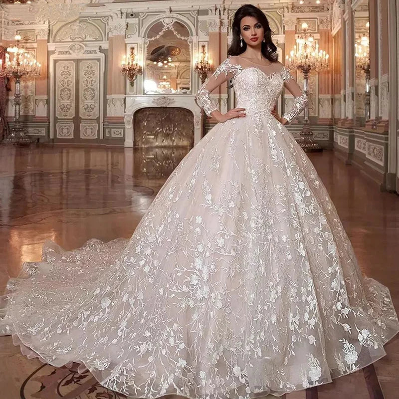 Luxury white lace applique illusion crystal beads string elegant high-end wedding dress bridal gown – Pollyanna Events