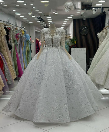 Customized Luxury Beaded Wedding Dresses Long Sleeve Bridal Gown Charming Princess Dresses For Bride