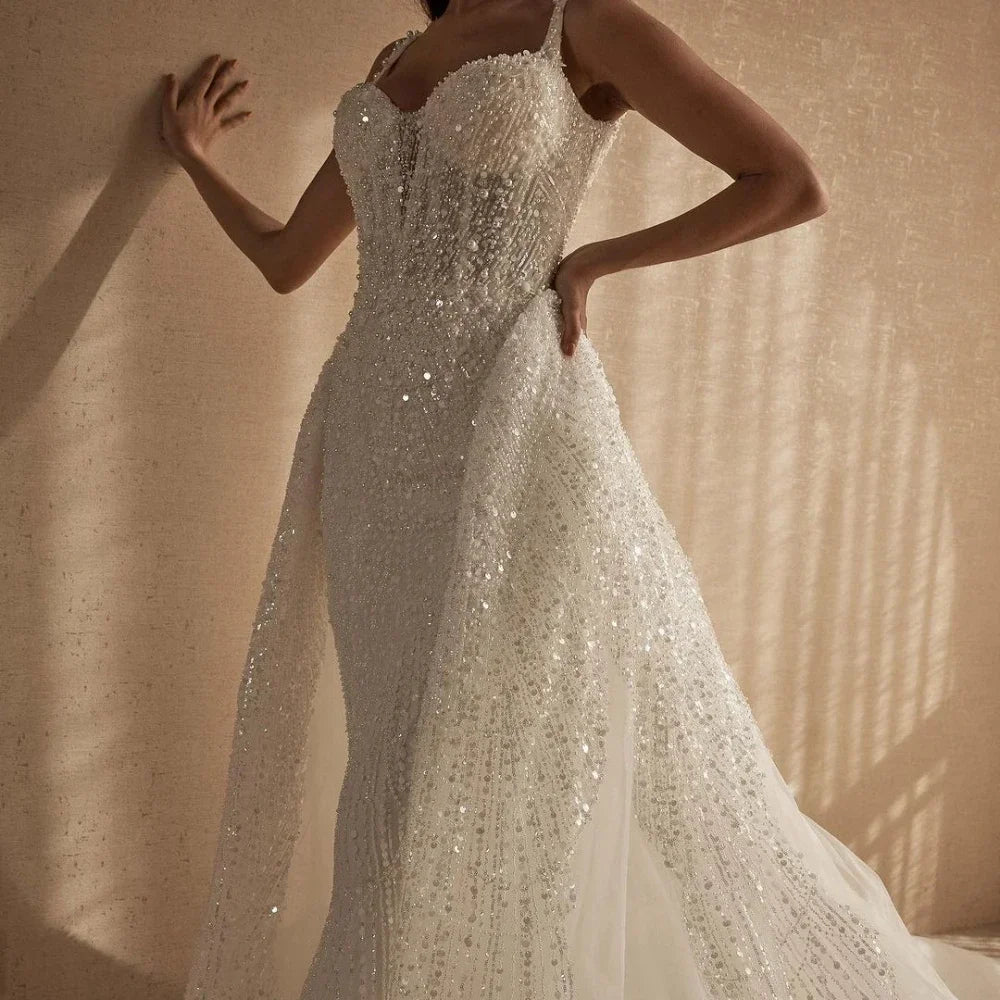 Customized Beaded Wedding Dresses Mermaid Spaghetti Sexy Backless Detachable Train Brides Dresses Vestidos De Novia