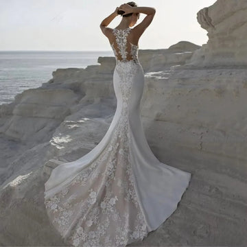 Sexy Mermaid Wedding Dresses V-neck Lace Appliques Illusion Buttons Back Satin Formal Bridal Gowns  Vestidos De Novias