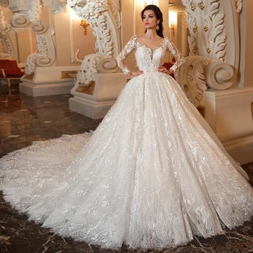 Customzied  Ball Gown Wedding Dresses Lace Long Sleeve Bride Dresses Luxury Appliques Beaded Bridal Gowns Vestidos De Novias