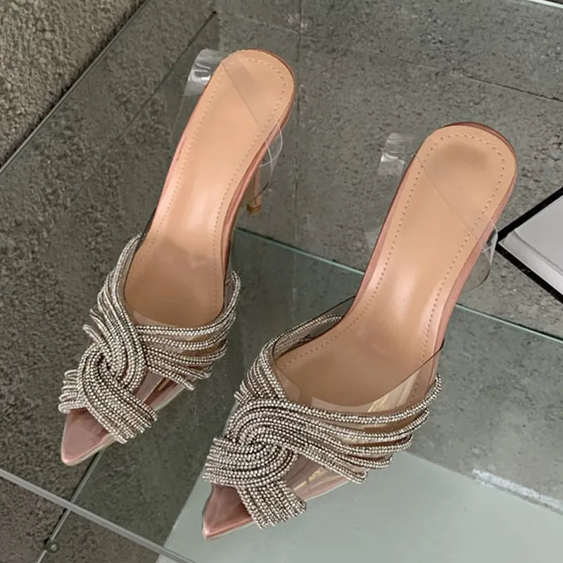 Sexy crystal transparent pointed toe women pumps high heels slingback stiletto party wedding silver – Pollyanna Events