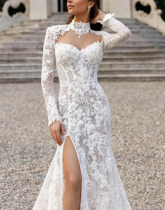 Romantic High Neck Open Back Mermaid Wedding Dresses Long Sleeve Appliques Lace High Split Bridal Gowns Robe De Mariée