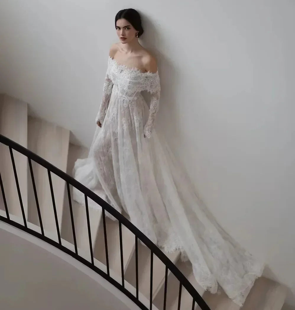 customized Lace Full Sleeves Wedding Dress Off The Shoulder A-line Bridal Gowns 2026 robe de mariage Vestidos De Novia