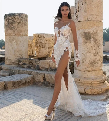 2025 Customize Summer Sexy High Split Backless Lace Wedding Dress Floor-Length Sweetheart Applique Boho Mermaid Bride Gowns