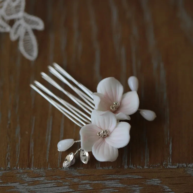 Pink Porcelain Flower Hair Comb Pin Clip Floral Head Piece For Brides Bridesmaids Hairpins Wedding Accessories Bridal Jewelry