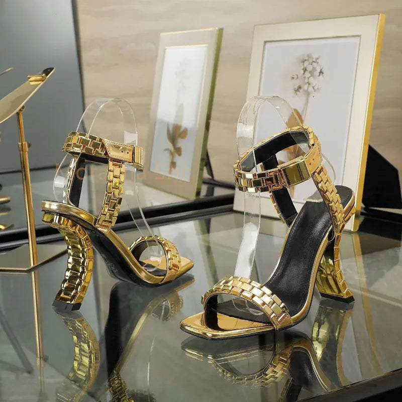 Strange style high heels metal watch chain square toe women sandals summer fashion party catwalk – Pollyanna Events