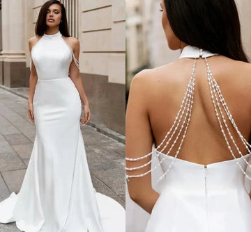Elegant halter sleeveless beading mermaid open back satin wedding dress bridal gown bride – Pollyanna Events