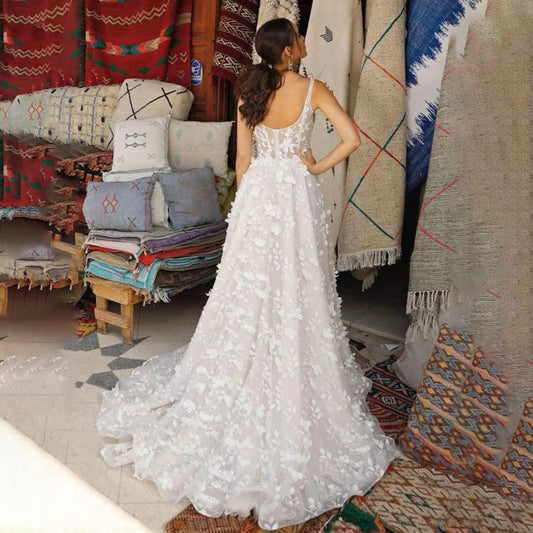 На замовлення A-Line Прості 2024 Весільні сукні листяні аплікації V-подібні спагетті наречені наречені