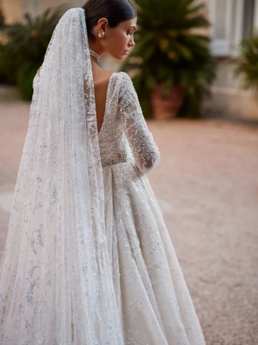 Classic O-neck Long Sleeve Wedding Dress Sparkly Pearls Glitter Bride Robe Elegant A-line Long Bridal Gown Robe De Mariée