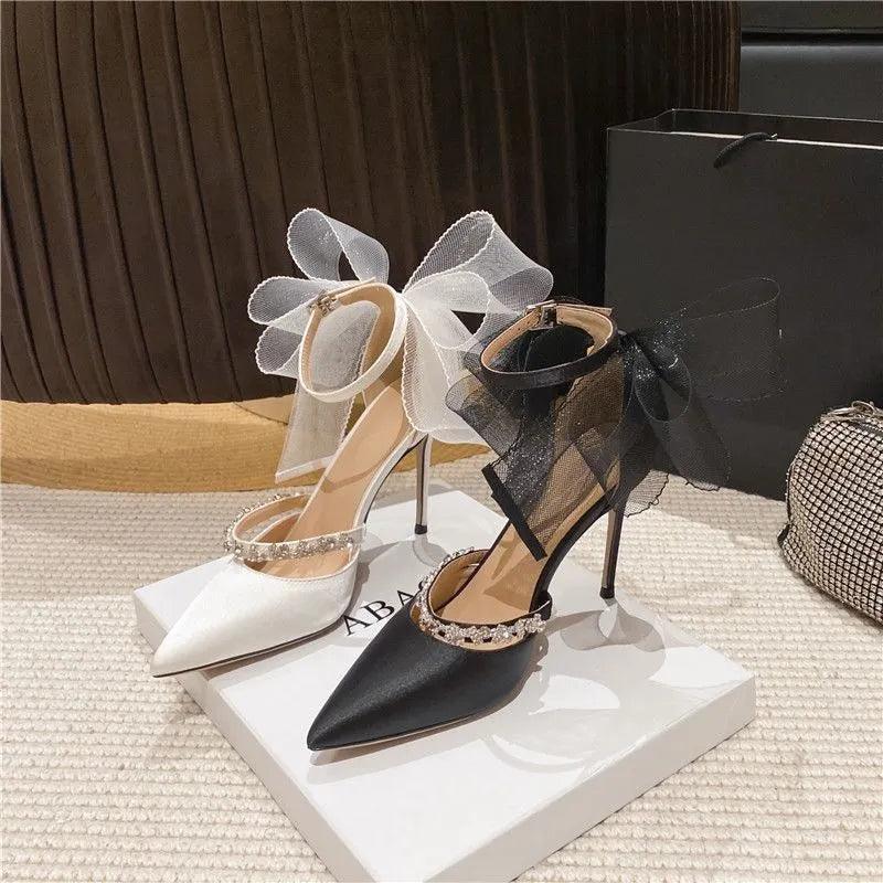 Bow mesh stilettos pointed toe rhinestones crystal pumps women wedding bridal party sexy black white – Pollyanna Events