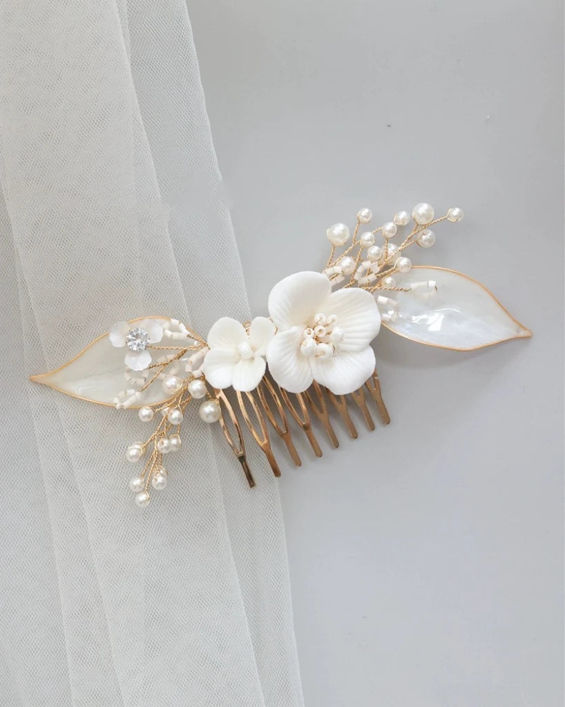 Bridal Jewelry Porcelain Flower Hairpin Gold Color Head Piece For Bridesmaids Bride Pearl Hair Comb Pin Clip Wedding Accessories