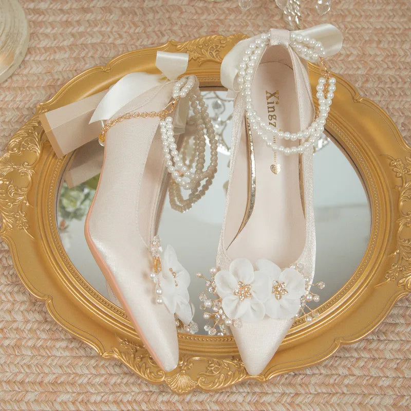 Elegant pearl ankle strap flowers high heels women wedding shoes string bead small square heel bridal shoes – Pollyanna Events