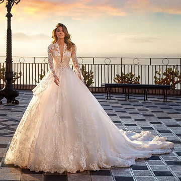 Wedding Dresses Women 2025 Long Sleeve Ball Gown Deep V Bridal Dress Luxury Wedding Gown Formal Brides Gown Customized