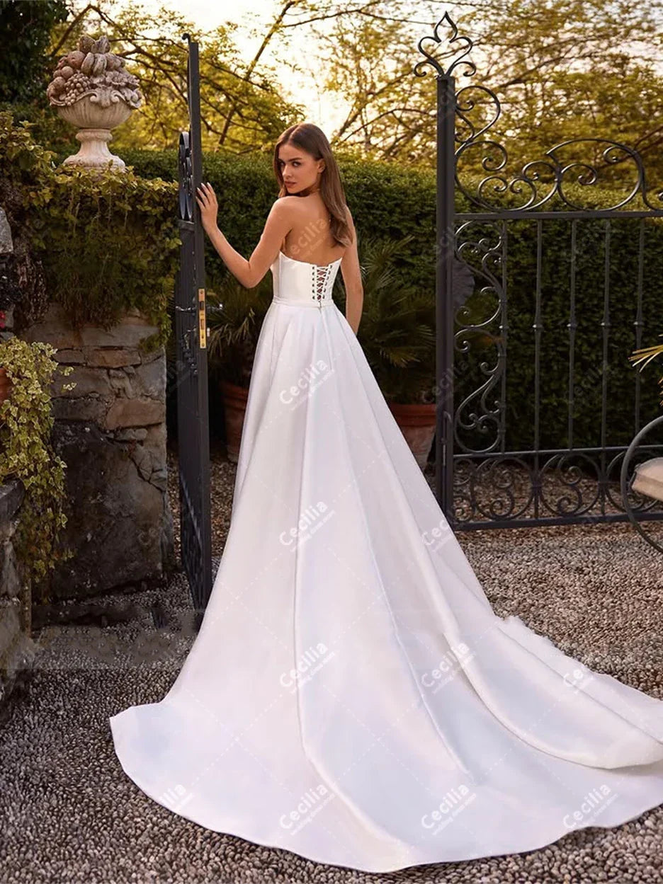 Vintage Wedding Dresses Charming Bridal Gowns A Line Satin Robes For Formal Party Customized Sexy High Slit Vestidos De Novia