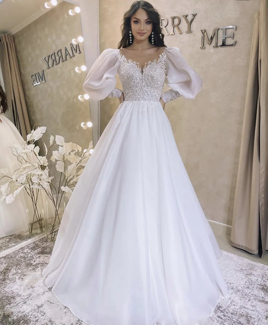 Довгий пухирний рукав весільна сукня A-Line Organza White Nast Appliques для жінок налаштовує на заходи Весільні сукні Елегантні чудові