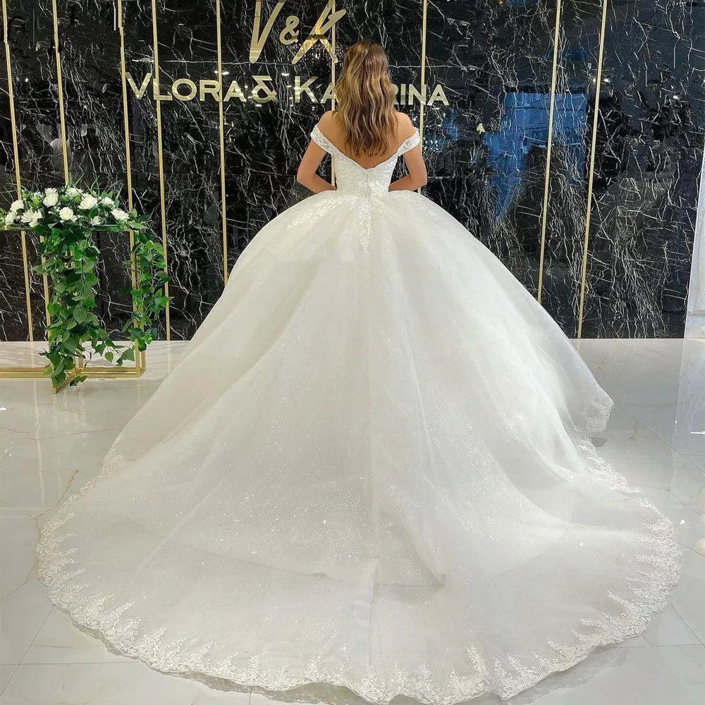 Customized  V Neck Wedding Dress For Women Lace Appliques Glitter Tulle Bridal Gowns Off The Shoulder Robe De Mariée