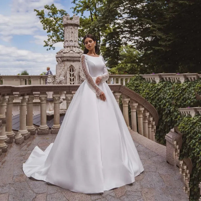 Simple satin boat neck full sleeve long vintage button beading elegant gowns custom made wedding dress – Pollyanna Events