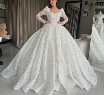 Customized Luxury Sparkly Ball Gown Wedding Dresses Sweetheart Long Sleeves Beaded Appliques Lace Bridal Gowns Vestidos De Novia