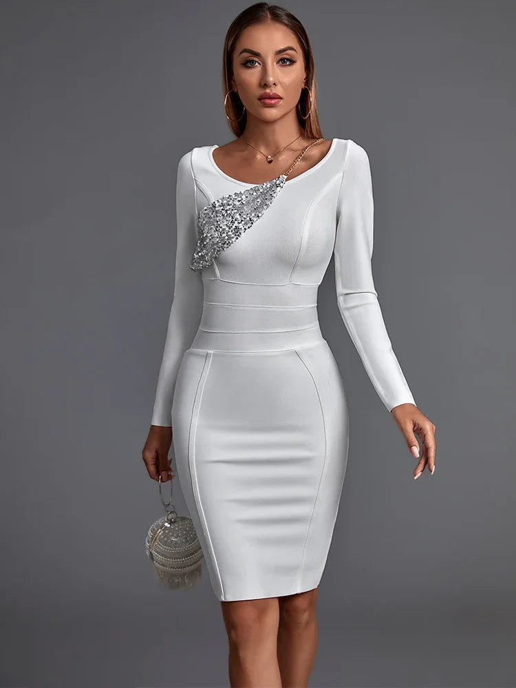 Long Sleeve Bandage Dress New Womens White Bodycon Dress Elegant Sexy Sequin Evening Club Party Dress High Quality Summer