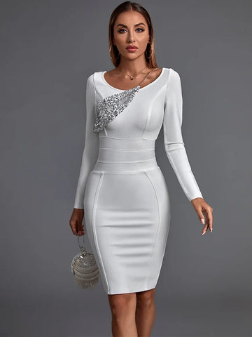 Bandage jurk met lange mouwen nieuwe dames witte bodycon jurk elegante sexy pailletten avondclub feestjurk hoge kwaliteit zomer