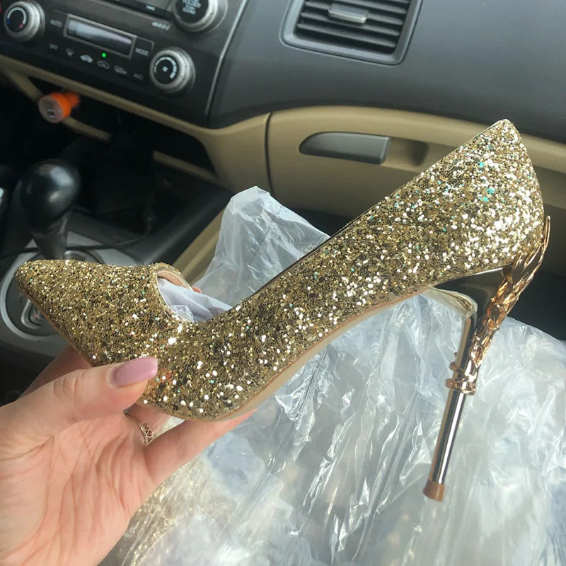 Women 9.5cm stiletto pumps lady gold silver sparkly sequins bling wedding bridal office party heels – Pollyanna Events