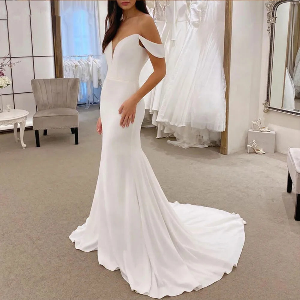Customized  Sexy V Neck Soft Satin Mermaid Wedding Dresses Off the Shoulder Simple Backless Bride Gown vestidos de novia