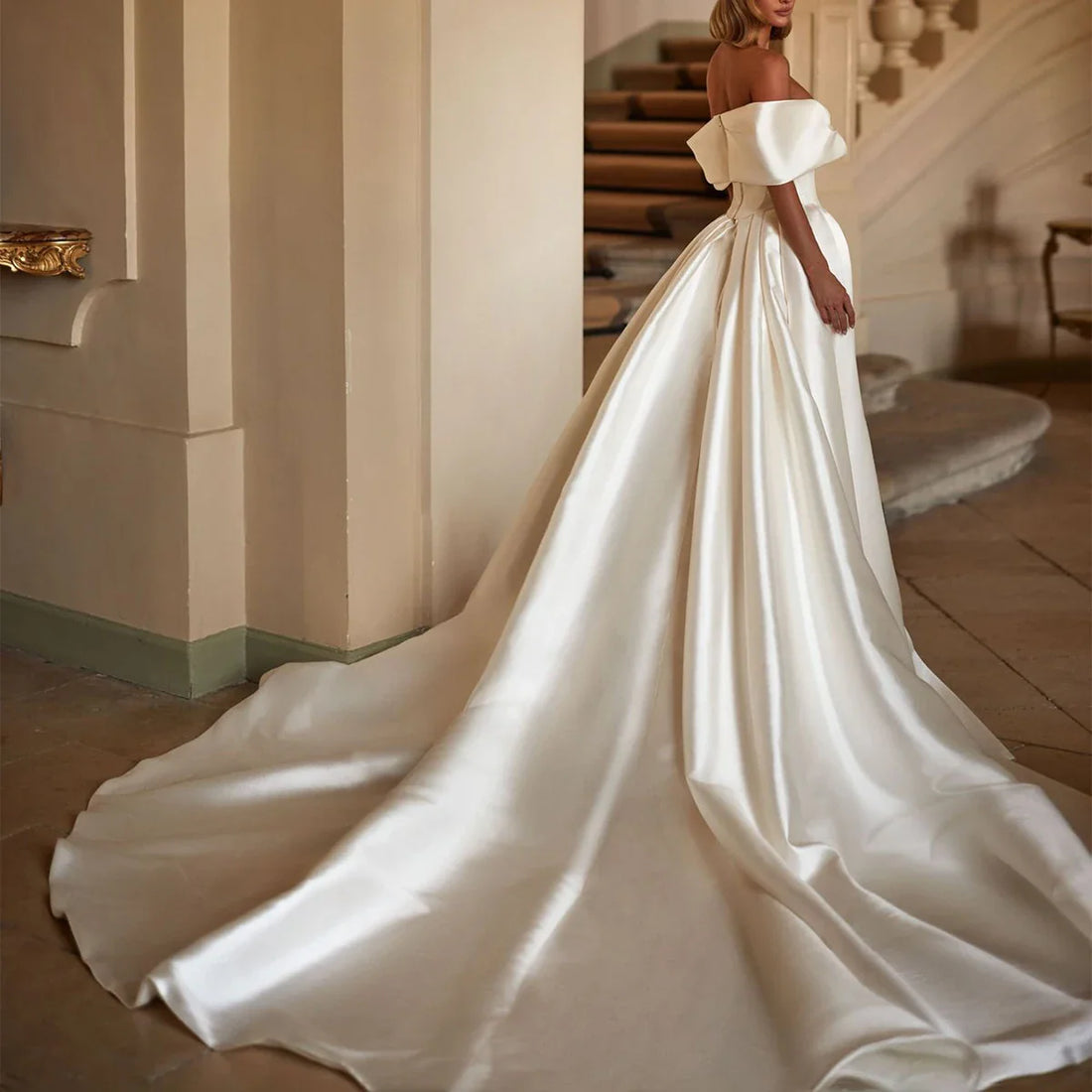 Simple Pleated Detachable Train Sheath Wedding Dress For Women Off Shoulder Mermaid Satin Long Bridal Party Gown Vestidos Novia