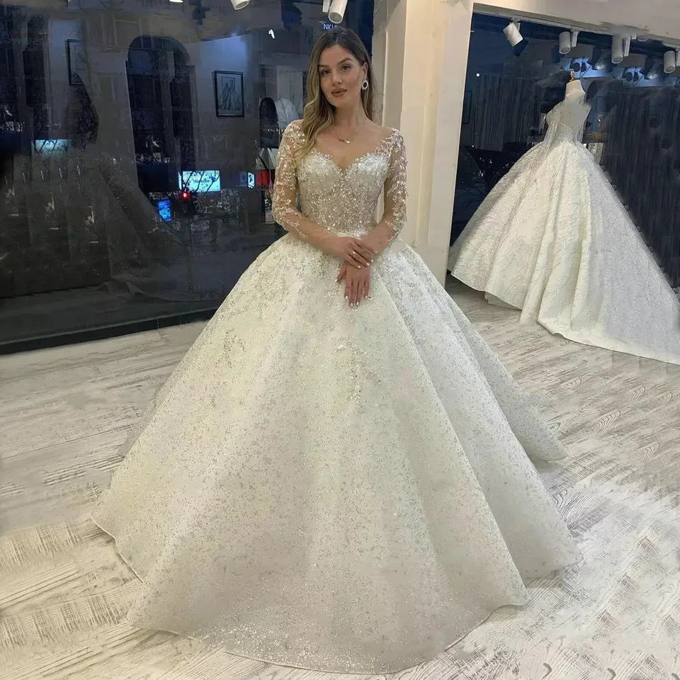 Customized  Sparkly Beading Wedding Dress Long Sleeves 2025 Vestido De Noiva Lace Up Pageant Beading Bridal Gowns Hochzeitskleid