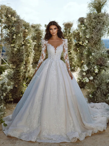 customized Elegant Wedding Dresses Woman Princess Ball Gown Scoop Neck Lace Applique Full Sleeves Bride Gown Vestido De Noiv