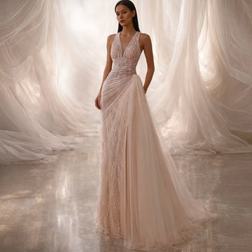 Delicate 3D Flowers Modern V-Neck Sleeveless Evening Dress High Quality Tulle Sequined Party Dress