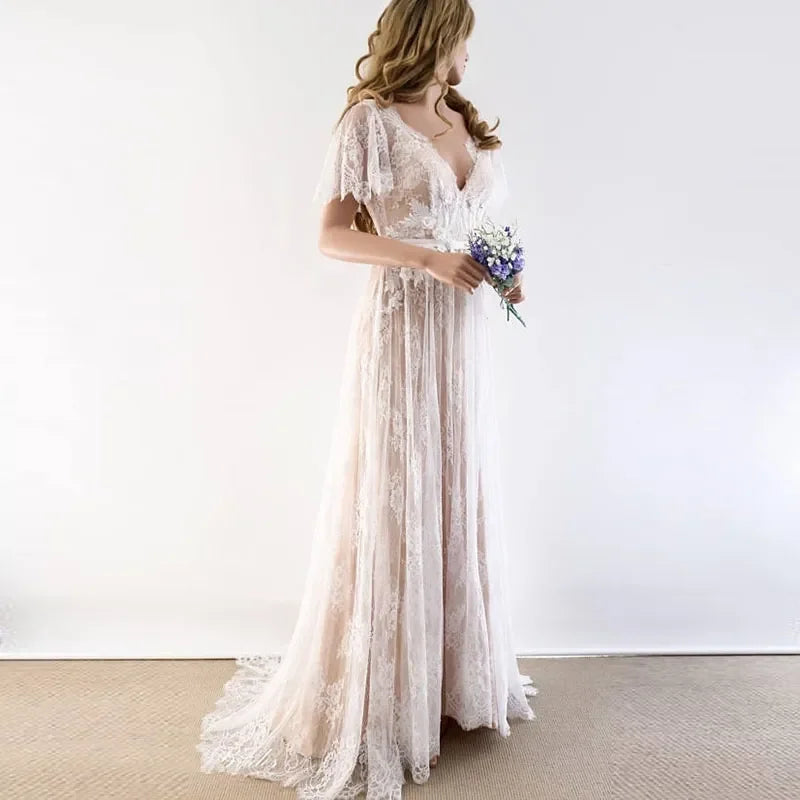 New boho V-neck cap sleeve lace beach bridal gown backless bride dress wedding 2026 – Pollyanna Events
