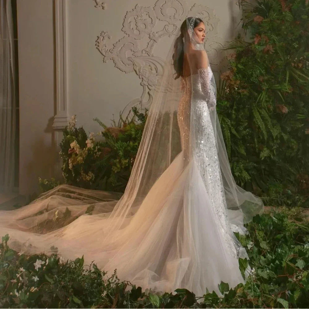 Customized Sexy Mermaid Wedding Dresses For Women Strapless Sleeveless Gown Sequins Pearls Bride Dress Vestidos De Novia