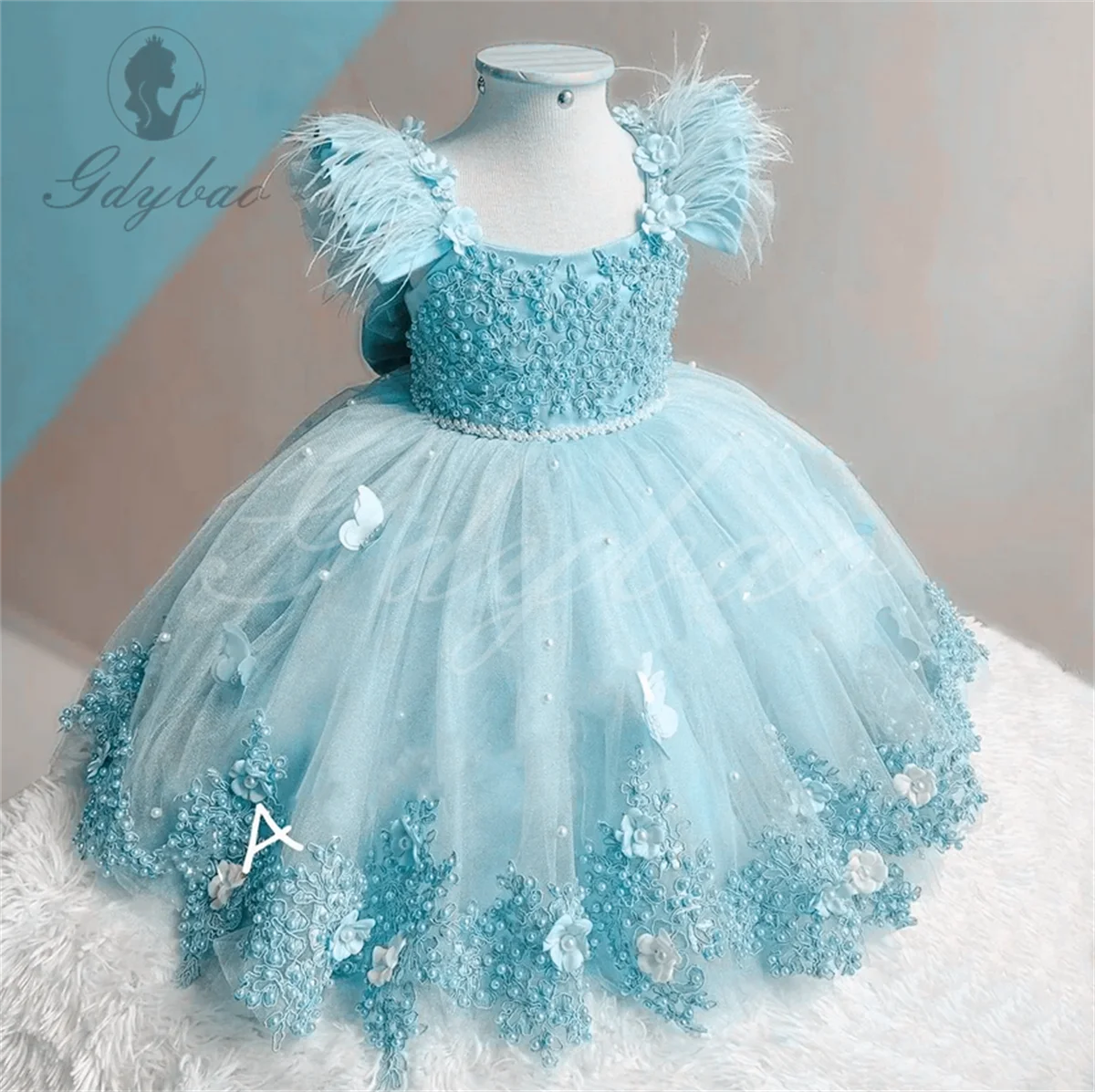 Pearl Baby Kids Tulle Birthday Party Flower Girl Feather Dresses Long Butterflies Pearl Pageant Bow Communion Gown
