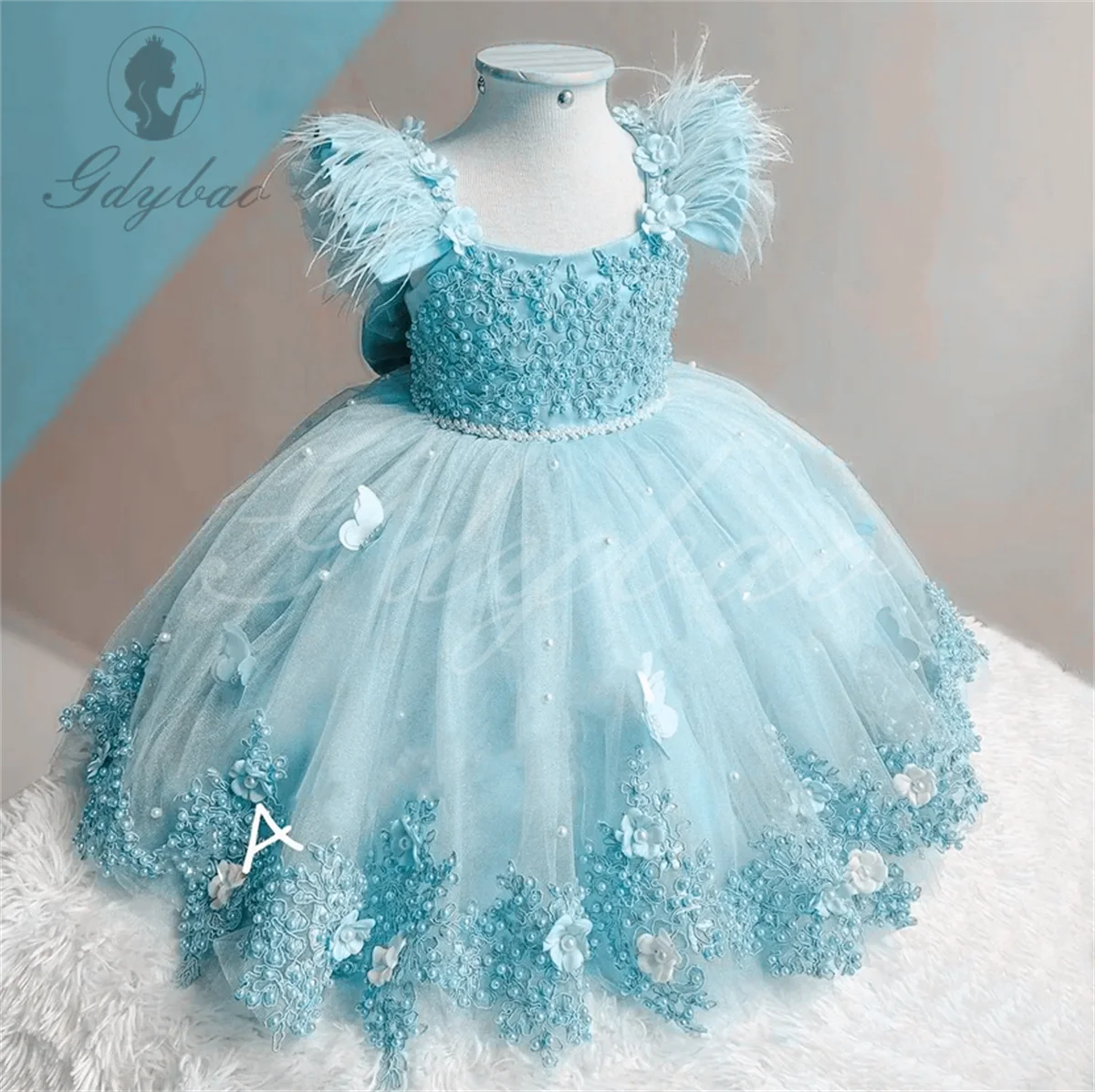 Pearl Baby Kids Tulle Birthday Fiesta Flower Girl Vestidos de plumas Largas mariposas Pearl Pageant Bow Communion Vestido