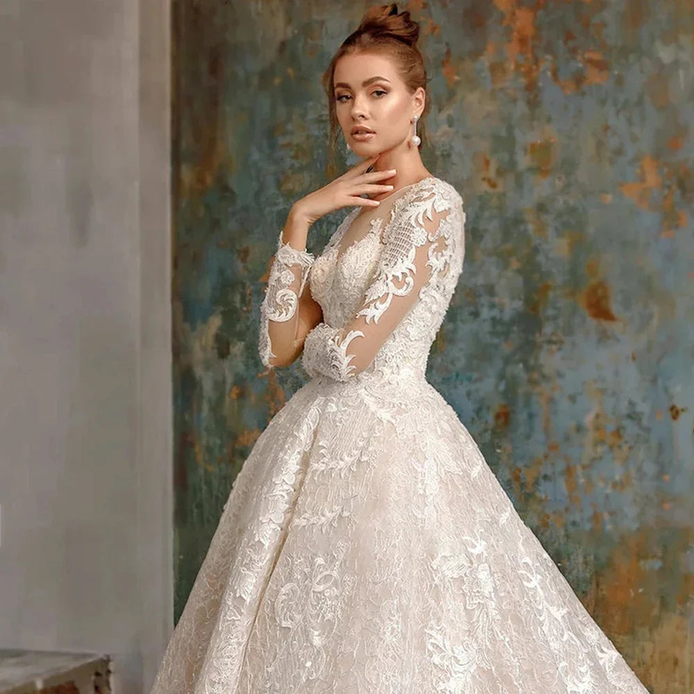 customized Elegant A Line Wedding Dress O-neck Long Sleeve Tulle Lace Backless Bridal Gown Floor Length Marriage Dresses