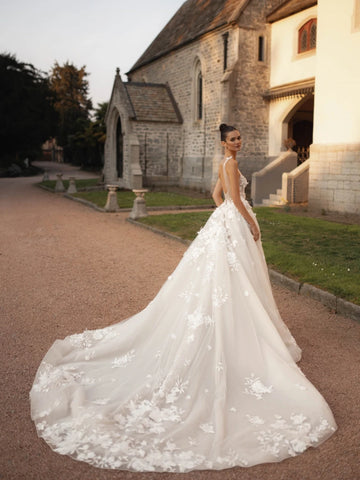 Robe de désherbage 3D Fleurs élégant en V Vride en V Deep Vride Appliques A-Line-Long Lenter Robes Bridal Vestidos de Novia